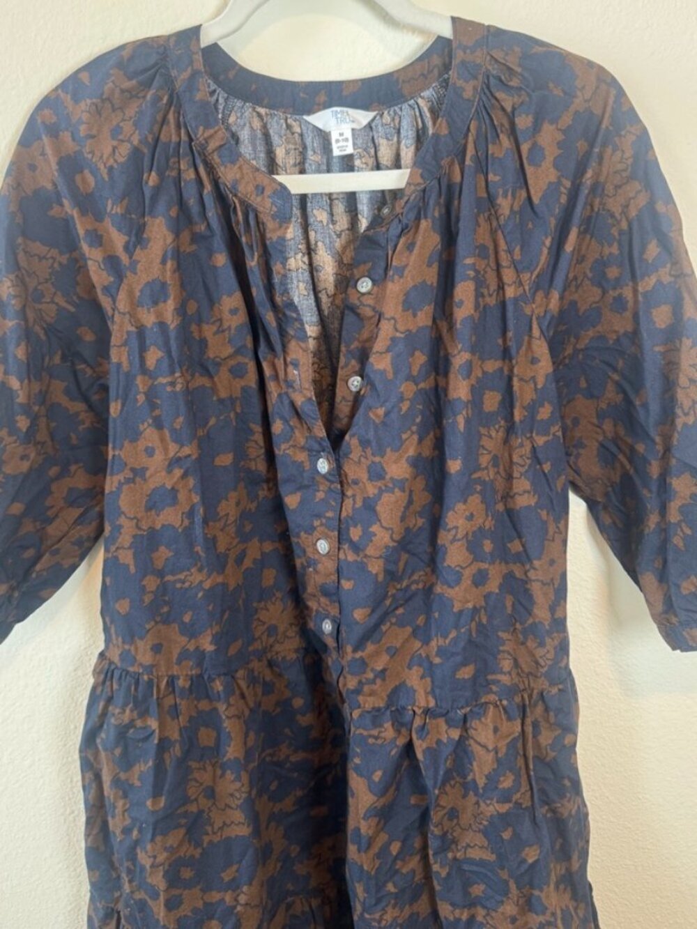 Time and Tru Navy Blue Brown Floral Tiered Mini Dress 3/4 Sleeve Size M